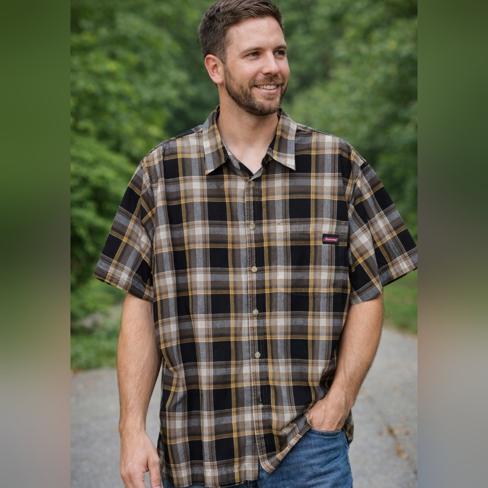 Dickies Plaid Button Up Shirt Men's - Brown Tan Black - Rugged Workwear Casual